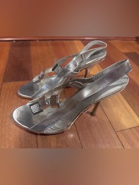 Silver Crystal-Embellished Slingback Heels